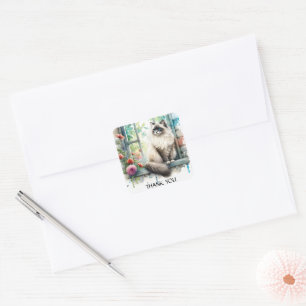 Ragdoll Beige Schattige Cat in Window Zomerbloemen Vierkante Sticker