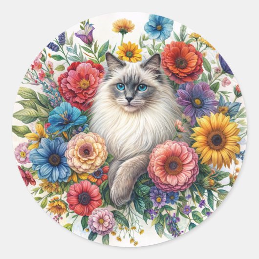 Ragdoll Cat Among Colorful Flowers Watercolor Ronde Sticker (Voorkant)