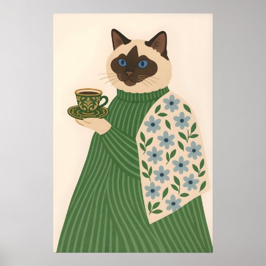 Ragdoll Cat Coffee Art Print, Floral Green Jacket Poster (Voorkant)