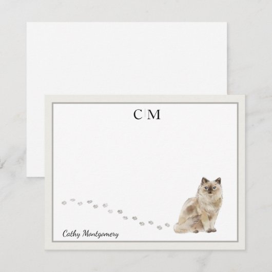 Ragdoll Cat Gray Border Monogram Naam Notitiekaartje (Voorkant / Achterkant)