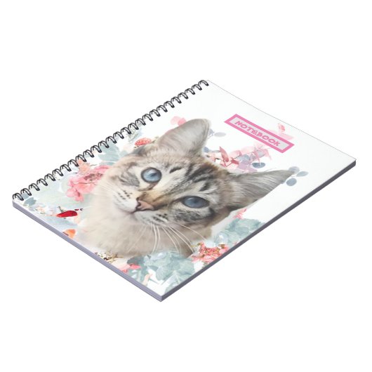 Ragdoll Cat "Kat Fuzz Butt" White & Roze Flowers Notitieboek (Linkerzijde)