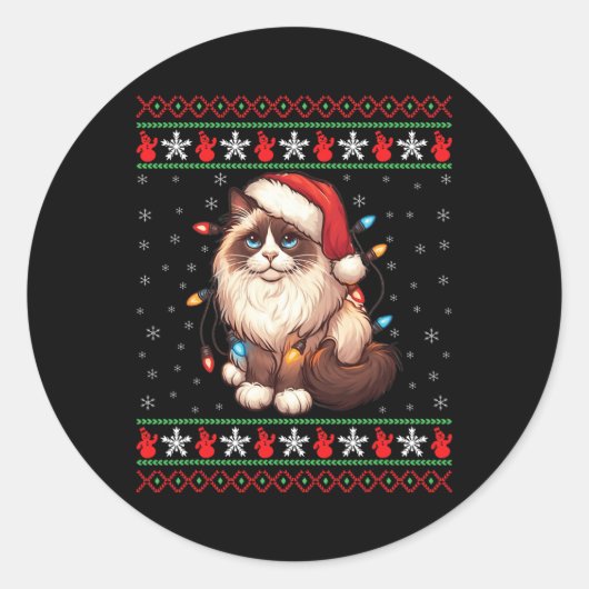 Ragdoll Cat Ugly Christmas Ragdoll Cat Xmas Lighti Ronde Sticker (Voorkant)