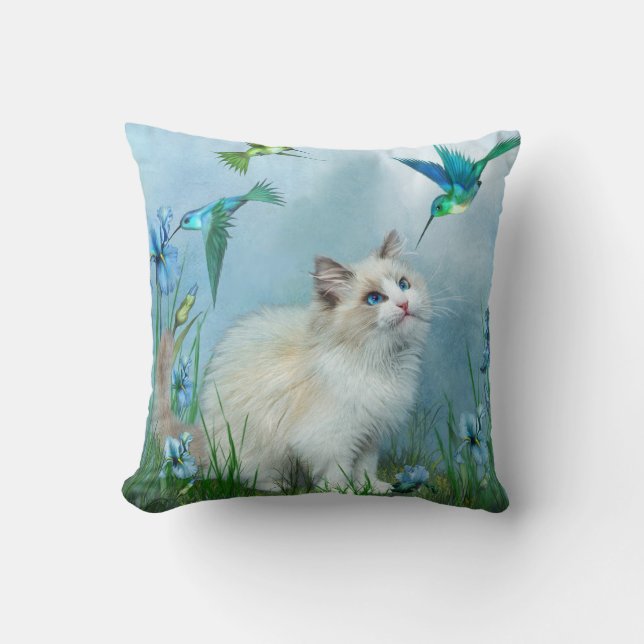 Ragdoll Kat and Hummingbird Art Designer Pillow Kussen (Voorkant)