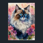 Ragdoll Kat Bloemenportret Acryl Muurkunst<br><div class="desc">Wandkunst is een delicaat waterverf kunstwerk van een prachtige lappenpoppenkat omringd door bloemetjes in een vrouwelijk esthetisch dierenportret. De blauwogige katachtige kijkt van de zijkant in dit levendige bloemenschilderij.</div>