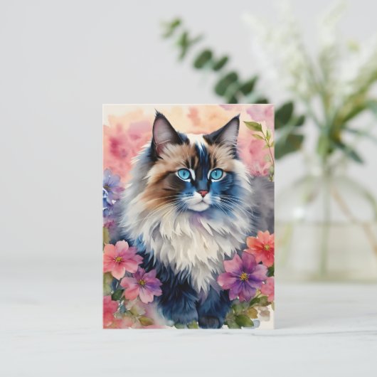 Ragdoll Kat Bloemenportret Kunst Briefkaart (Staand voorkant)