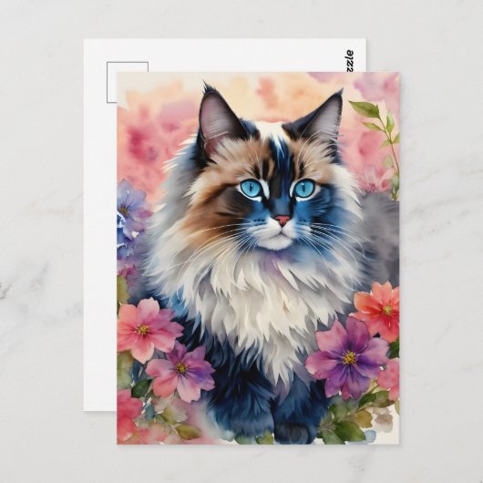 Ragdoll Kat Bloemenportret Kunst Briefkaart (Voorkant / Achterkant)