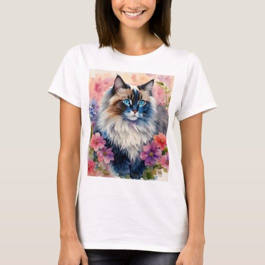Ragdoll Kat Bloemenportret Kunst T-shirt (Voorkant)