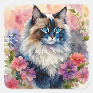 Ragdoll Kat Bloemenportret Kunst Vierkante Sticker