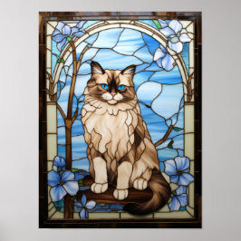 Ragdoll-kat Gebrandschilderd Raam met Blauwe Bloem Poster