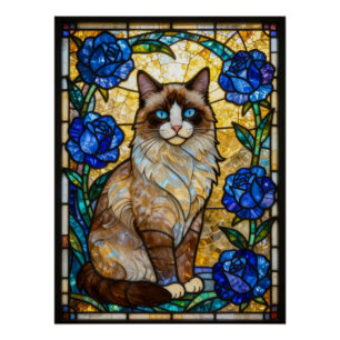 Ragdoll Kat Gebrandschilderde Glas Blauwe Rozen Ku Perfect Poster
