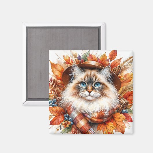 Ragdoll kat in de herfst met sjaal magneet (Voorkant / Achterkant)