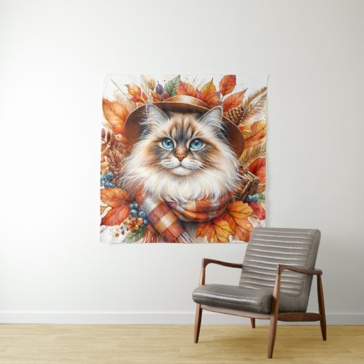 Ragdoll kat in de herfst met sjaal wandkleed (In situ)