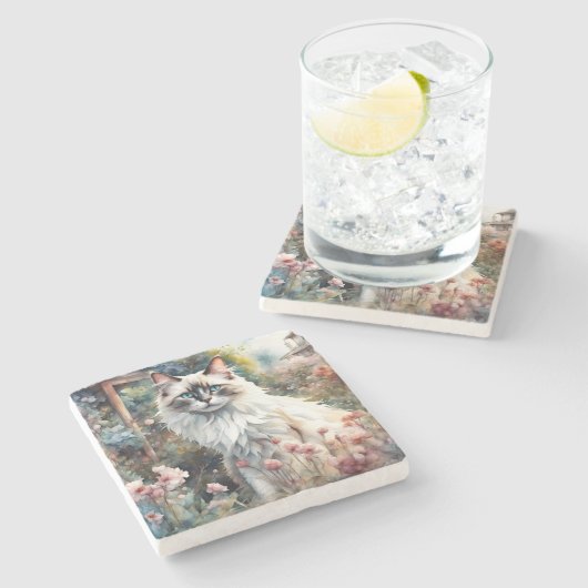 Ragdoll Kat in Engelse Tuin Stenen Onderzetter (Zijkant)