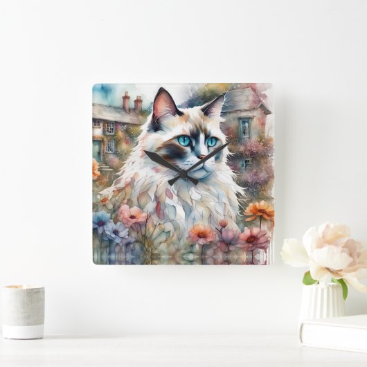Ragdoll Kat in Engelse Tuin Vierkante Klok (Huis)