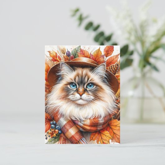 Ragdoll kat in herfstsjaal met herfstbladeren briefkaart (Staand voorkant)