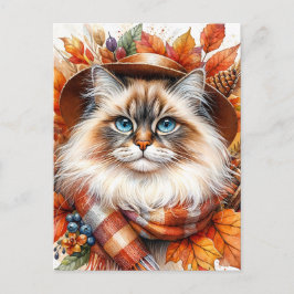 Ragdoll kat in herfstsjaal met herfstbladeren briefkaart
