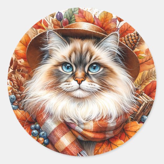 Ragdoll kat in herfstsjaal met herfstbladeren ronde sticker (Voorkant)