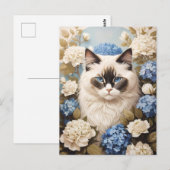 Ragdoll kat met blauwe hortensia bloemen briefkaart (Voorkant / Achterkant)
