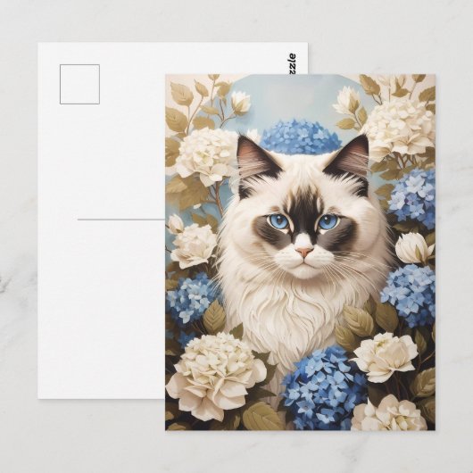 Ragdoll kat met blauwe hortensia bloemen briefkaart (Voorkant / Achterkant)