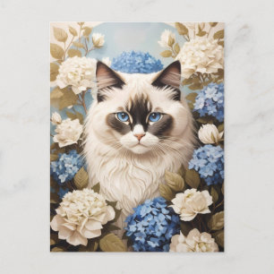Ragdoll kat met blauwe hortensia bloemen briefkaart