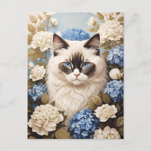 Ragdoll kat met blauwe hortensia bloemen briefkaart (Voorkant)
