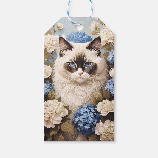 Ragdoll kat met blauwe hortensia bloemen cadeaulabel (Voorkant)