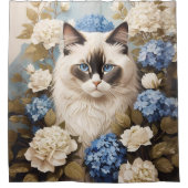 Ragdoll kat met blauwe hortensia bloemen douchegordijn (Voorkant)