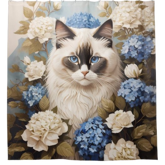 Ragdoll kat met blauwe hortensia bloemen douchegordijn (Voorkant)