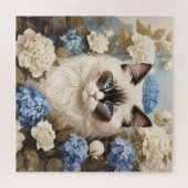 Ragdoll kat met blauwe hortensia bloemen legpuzzel (Horizontaal)