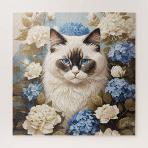 Ragdoll kat met blauwe hortensia bloemen legpuzzel