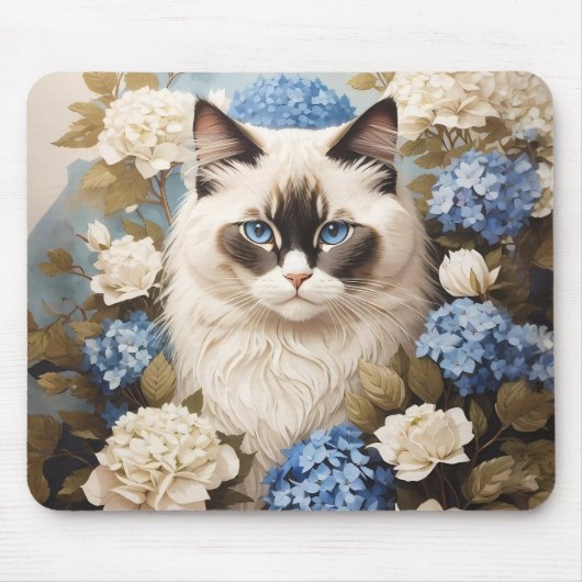 Ragdoll kat met blauwe hortensia bloemen muismat (Voorkant)