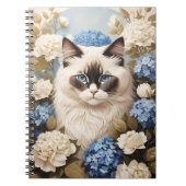 Ragdoll kat met blauwe hortensia bloemen notitieboek (Voorkant)