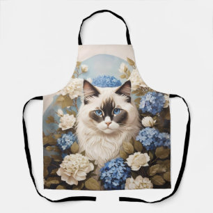 Ragdoll kat met blauwe hortensia bloemen schort
