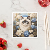 Ragdoll kat met blauwe hortensia bloemen servet (Insitu)