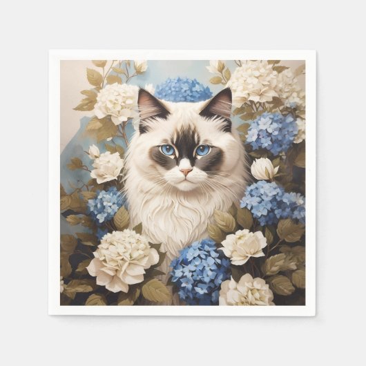 Ragdoll kat met blauwe hortensia bloemen servet (Voorkant)
