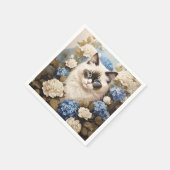 Ragdoll kat met blauwe hortensia bloemen servet (Hoek)