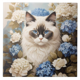 Ragdoll kat met blauwe hortensia bloemen tegeltje