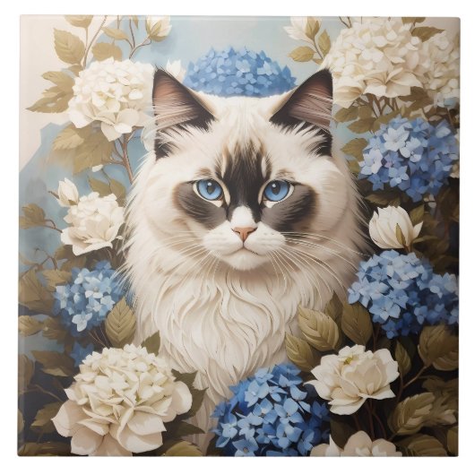 Ragdoll kat met blauwe hortensia bloemen tegeltje (Voorkant)