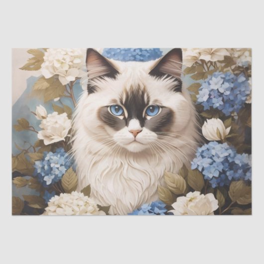 Ragdoll kat met blauwe hortensia bloemen tissuepapier (Voorkant)