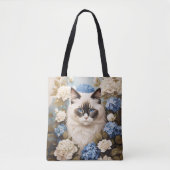 Ragdoll kat met blauwe hortensia bloemen tote bag (Voorkant)