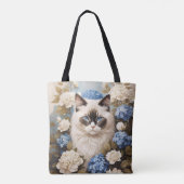 Ragdoll kat met blauwe hortensia bloemen tote bag (Achterkant)