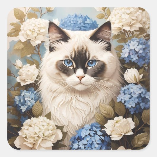 Ragdoll kat met blauwe hortensia bloemen vierkante sticker (Voorkant)