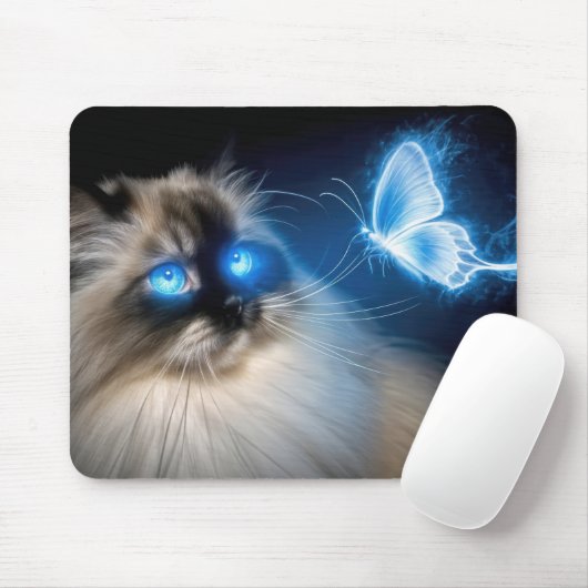 Ragdoll kat met blauwe neon vlinder muismat (Met muis)