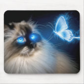 Ragdoll kat met blauwe neon vlinder muismat (Voorkant)