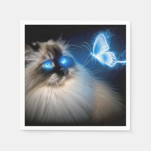 Ragdoll kat met blauwe neon vlinder servet (Voorkant)