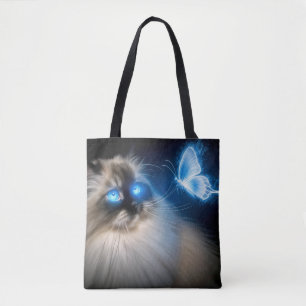 Ragdoll kat met blauwe neon vlinder tote bag