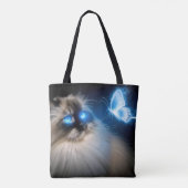 Ragdoll kat met blauwe neon vlinder tote bag (Achterkant)