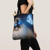 Ragdoll kat met blauwe neon vlinder tote bag (Dichtbij)