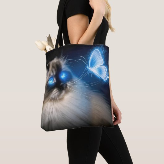 Ragdoll kat met blauwe neon vlinder tote bag (Dichtbij)