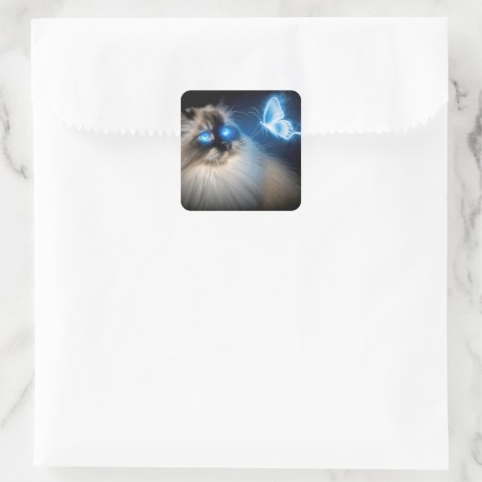 Ragdoll kat met blauwe neon vlinder vierkante sticker (Tas)